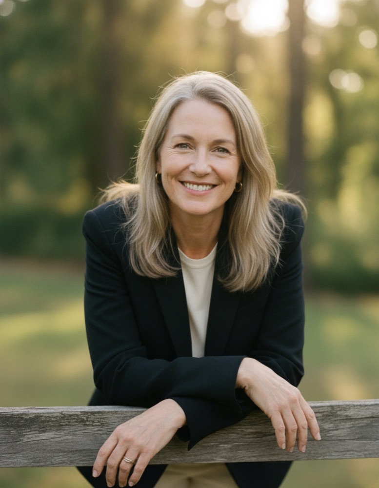 Claire leaning with her arms folded on a wooden rail under trees, smiling