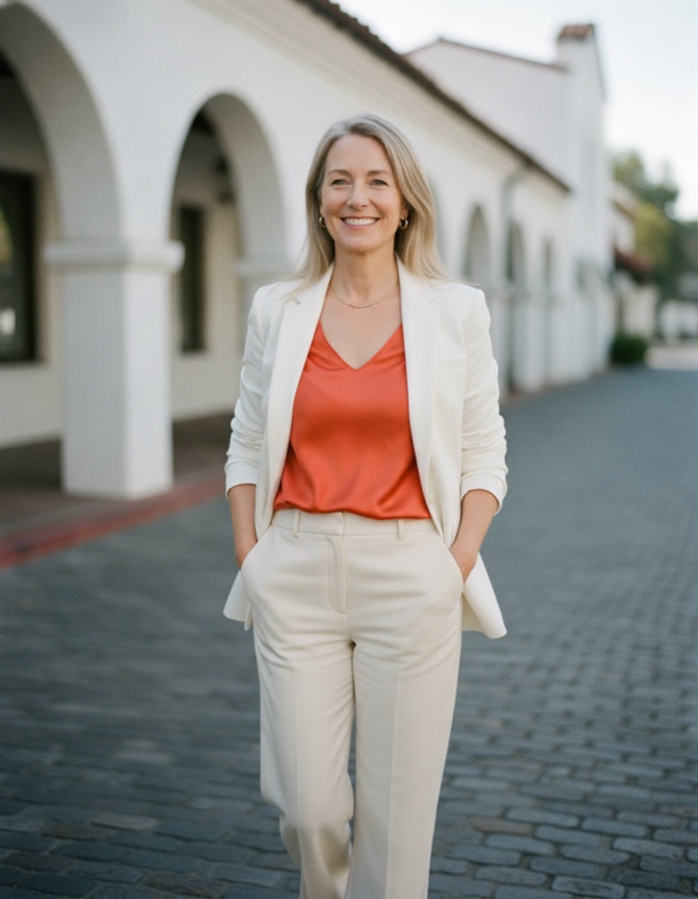 Claire walking under white mission arches in a cream suit and tangerine top, smiling