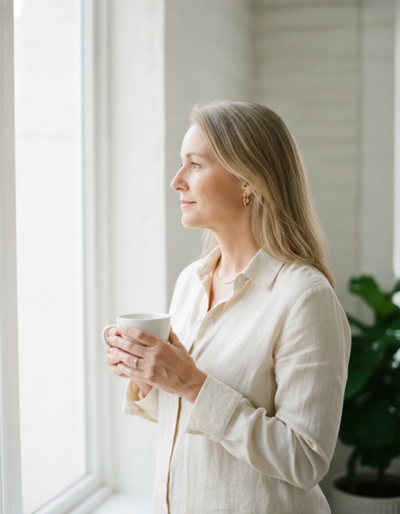 Claire at a sunny window holding a mug of coffee, looking out