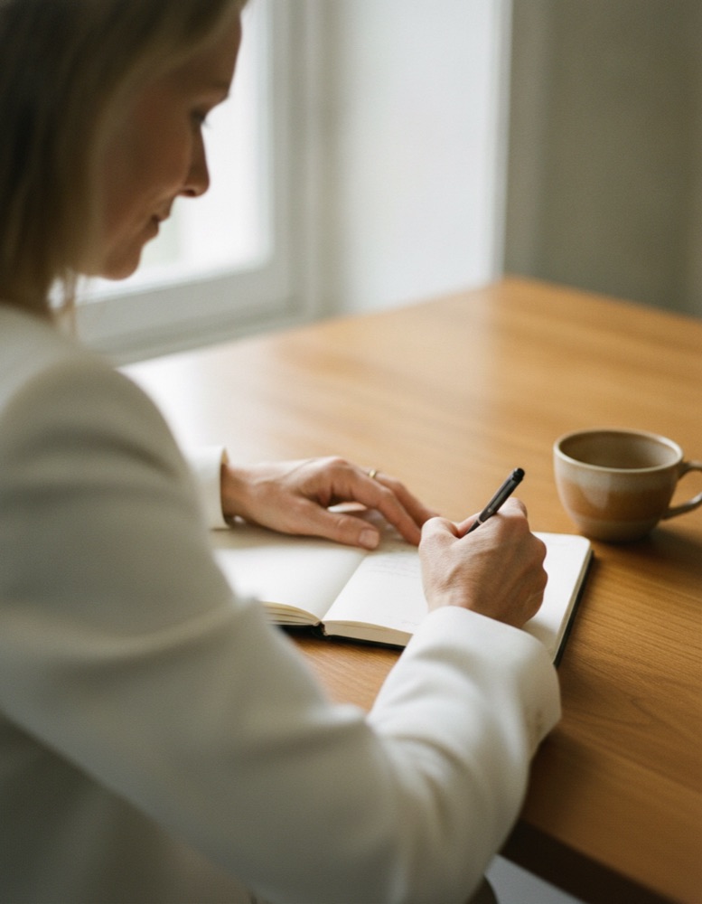 Hands writing in a notebook beside a cup of coffee on a wooden table