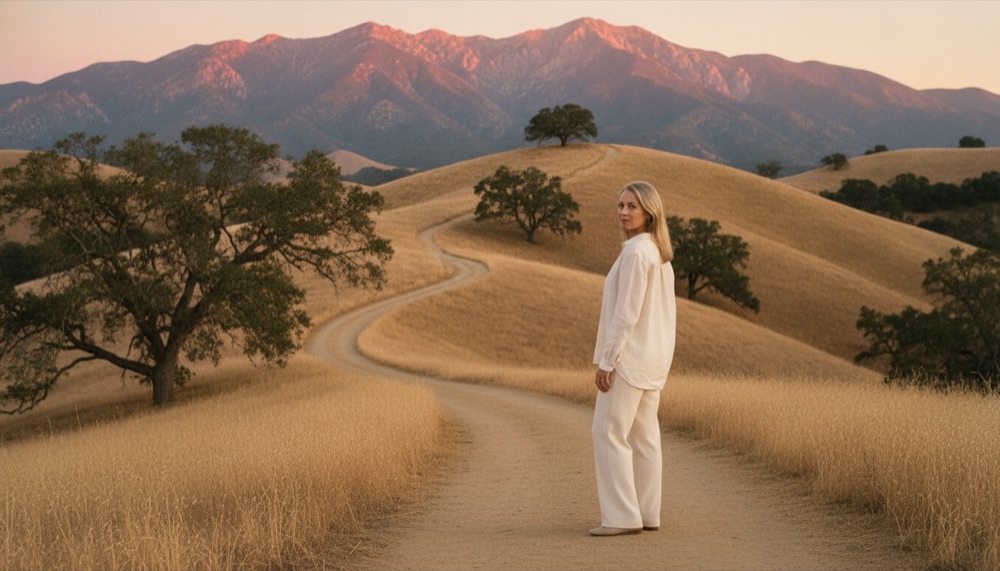 Claire on a path through golden oak hills outside Ojai, the Topatopa mountains pink at sunset