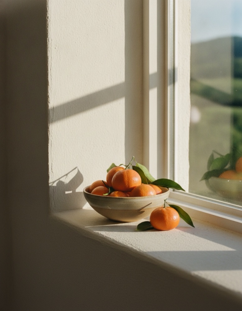 A bowl of tangerines on a sunny stucco windowsill