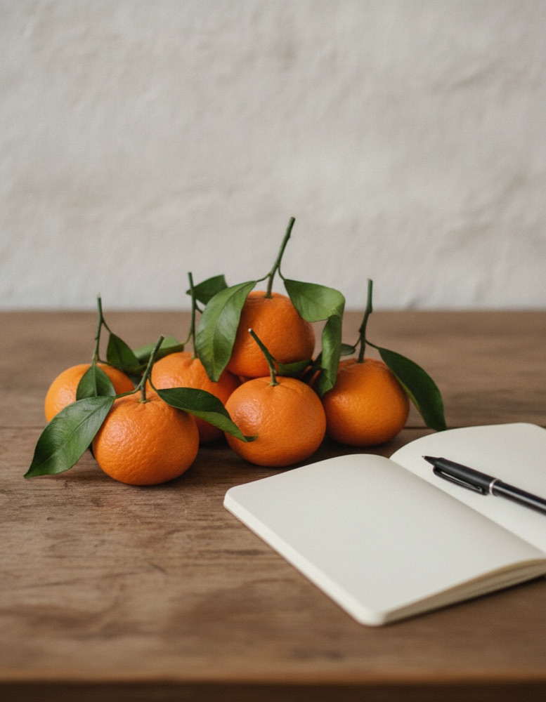 Tangerines and an open notebook on a wooden table in warm light