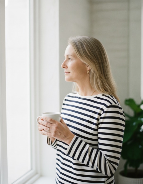 Claire in a striped top at a sunny window, holding a mug of coffee, looking out